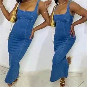 ZHEZHE moda 2024 verano Mujer sin mangas cuello cuadrado Maxi vestidos de mezclilla elástico único Jeans elegante vestido dividido - Product Image 1