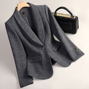 Women's Woolen Blazer Grey Solid Color Warm Slim Fit Autumn Winter Suit Pocket Design - Product Image 1