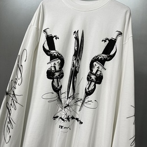 T-Shirt a Maniche Lunghe con Stampa del Marchio Dark Dagger, Bianca, 250g, 100% Cotone, Stampa Animale, Antirughe, Traspirante, Casual da Uomo - Product Image 6