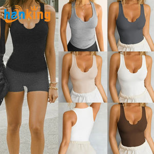 Ehanking Débardeurs de sport côtelés pour femmes Gilet Femme Couleur unie Slim Notch Col en V Débardeurs sans manches Gilet - Product Image 1