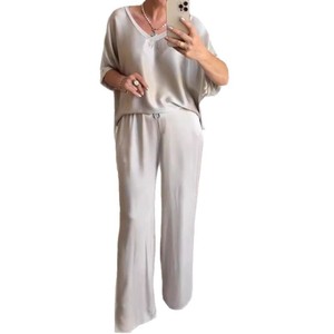 Traje Casual de Verano para <span class=keywords><strong>Mujer</strong></span>, Cuello en V, Color Sólido, Mercerizado - Product Image 5