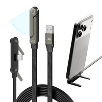 Cable de Carga Rápida USB Tipo-C de 65W con Soporte Invisible para Teléfono, Material de Nailon, Compatible con Auriculares, 5 FT/1.5M, Ángulo Recto, Plano
