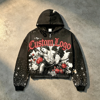 Sweat à capuche personnalisé avec impression artistique de chérubin, veste zippée avec strass, effet délavé vintage, sweat à capuche en molleton pour homme, streetwear, effet usé et déchiré