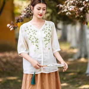 Women's V-neck Cotton Linen Blouse Pink Embroidered Mid-sleeve <b>Top</b> Vintage Style Everyday Wear - Product Image 3
