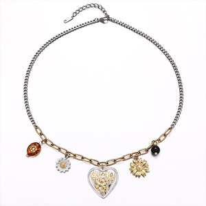 Collar vintage <span class=keywords><strong>de</strong></span> acero inoxidable bicolor con múltiples dijes para mujer, colgante <span class=keywords><strong>de</strong></span> corazón, rosa, margarita, girasol, joyería antideslustre - Product Image 5