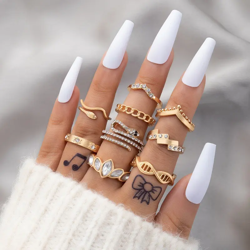 Luxury Crystal Snake Gold Color Crown Midi Joint Rings for Women Bohemian Flower Hollow Geometry Knuckle Ring Set Party Jewelry