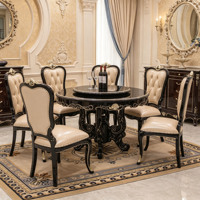Ensemble de table à manger classique européen avec plateau tournant, cadre en bois massif sculpté, chaises en cuir, meubles de salle à manger, vente en gros