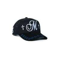 Casquette de baseball noire OEM 5 panneaux unisexe en coton avec visière étoilée, broderie 3D personnalisée, logo croix en strass et doublure satinée G5 NFC