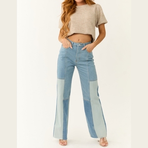 Mode Tendance Femmes <span class=keywords><strong>Taille</strong></span> <span class=keywords><strong>Haute</strong></span> Colorblock Jambe Large Jeans 100% Coton Ourlet Brut Denim Pantalon Long - Product Image 1