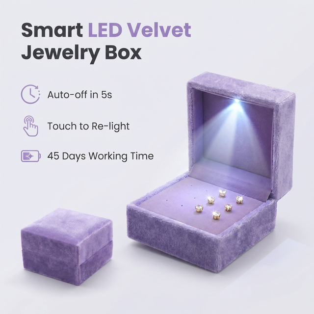 New Design Smart Touch LED Velvet Rectangle Jewelry Box Luxury Rechargeable Ring Case for Boutique Valentine's Day