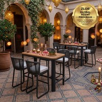 Chaise de bar d'extérieur moderne de luxe en aluminium tressé avec accoudoirs en teck, résistante aux intempéries, pour hôtel, complexe hôtelier, salle à manger, salon