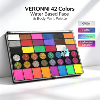 Palet Cat Warna Air 42 Warna untuk Wajah dan Tubuh dengan Glitter, Perlengkapan Melukis Wajah Neon UV untuk Halloween, Cosplay, SFX, Panggung, dan Pesta
