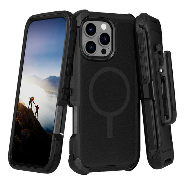 Magnetic Defender Case Belt Clip for IPhone16 17 Pro Max Multi-Layer Armor Holster with Wireless Charge PC+TPU Mobile Phone Case