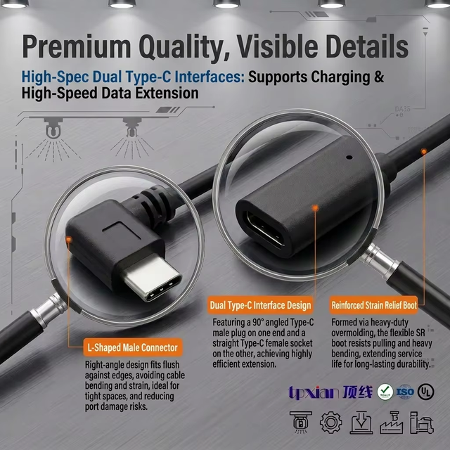 OEM/ODM Right Angle USB-C 2.0 Male to Female Extension Cable 90 Degree Angled USB C Data Sync Cord Custom