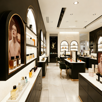 Edgy Luxe Cosmetics Boutique Featuring Tiered Open Shelves, Partial Enclosure Checkout, and Integrated LED Display Shelves