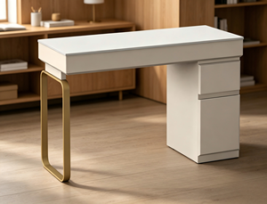 Mesa <span class=keywords><strong>de</strong></span> Manicura para Salón <span class=keywords><strong>de</strong></span> Uñas Color Blanco Crema con Cajones, Mesa <span class=keywords><strong>de</strong></span> Manicura Moderna con Patas <span class=keywords><strong>de</strong></span> Metal Dorado - Product Image 6