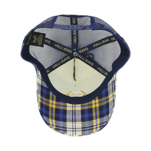 Casquette de camionneur à carreaux écossais bleu et jaune, ajustable avec dos en maille et fermeture snapback, avec logo brodé personnalisé pour un usage décontracté - Product Image 3