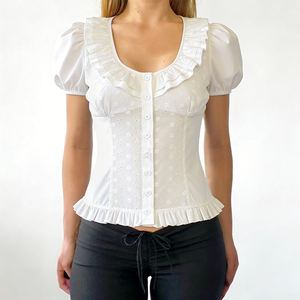 Blusa Elegante y Dulce para Mujer, Tejida con Textura de Encaje, con Peplum, Manga Corta, Camisa de Verano - Product Image 3