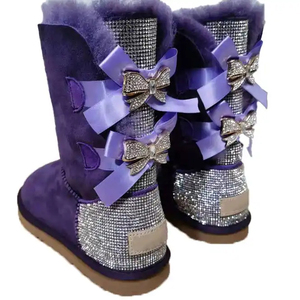 女性用ファッション足首の高さ冬暖かいシープスキンブーツラインストーン真珠光沢弓つま先スタイルラバーインソール秋シーズン - Product Image 4