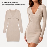 Robe Décontractée Femme en Tricot Côtelé à Manches Longues Moulante Tissée en Laine Silhouette Crayon d'Été Sexy Boutonnée et Cintrée