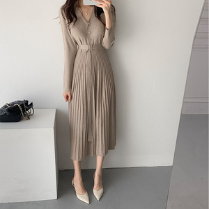 <span class=keywords><strong>Robe</strong></span> <span class=keywords><strong>pull</strong></span> plissée boutonnée à col en V pour <span class=keywords><strong>femme</strong></span>, manches longues, ceinturée, en maille, maxi, élégante, tenue de travail automne-hiver 2026 - Product Image 3