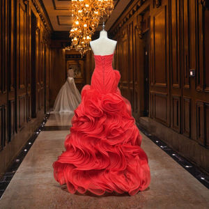 Abito <span class=keywords><strong>da</strong></span> Sera Formale <span class=keywords><strong>da</strong></span> <span class=keywords><strong>Donna</strong></span> Stile Los Angeles, Gonna a Sirena Rossa, Linea A, in Raso, Scollatura a Cuore, Chiffon Naturale con Cristalli e Arricciature - Product Image 5