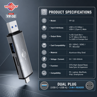 Lecteur de cartes SD double tête USB-C et USB-A avec USB3.0 480/MBps, coque en alliage d'aluminium 3-en-1 pour ordinateurs portables, MacBook et téléphones