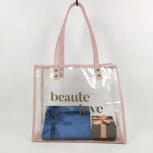 Ecobag tas jinjing PVC bening dengan logo cetak kustom tas belanja dapat dipakai ulang tas totebag transparan