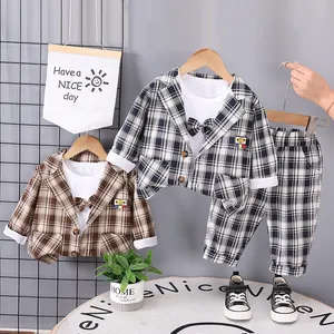 2024 Spring Autumn Children Formal Suit Bowknot T Shirt Plaid Blazer Coat Pants 3Pcs Korean Baby Clothes Kids Wear For Boys