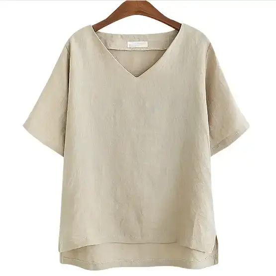 卸売ボックスVネック女性麻Tシャツカスタムスクリーン印刷環境に優しいTシャツクロップド半袖麻Tシャツ