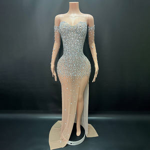 Novance Y4882-G <span class=keywords><strong>Abito</strong></span> da Sera <span class=keywords><strong>Elegante</strong></span> da Donna in Rete Trasparente Aderente con Strass Rosso e Guanti - Product Image 4