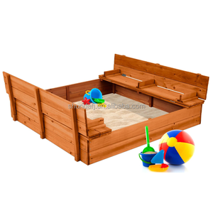 Bac à sable extérieur en bois de cèdre grand format avec sièges pliables toutes saisons pour enfants, housse rouge clair - Product Image 3