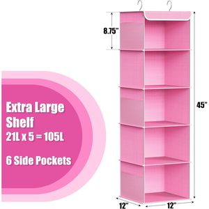 5 <b>Shelf</b> Hanging Closet Organizer Pink Fabric Clothing Storage Bedroom <b>Hook</b> Type 33x15x85cm - Product Image 3