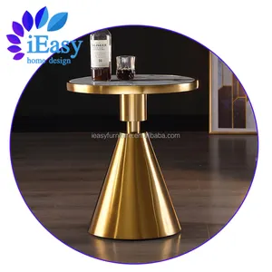 iEasyFurniture Modern White Marble Brushed Stainless Steel Gold Metal Base Small Round Side Table Corner Metal End Tea Table