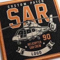 Patchs autocollants pour uniforme de veste, en tissu tissé écologique OEM, carrés, noir et orange, avec logo d'équipage d'hélicoptère