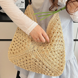 Borsa Tote Boho in Paglia Intrecciata all'Ingrosso, Borsa a Mano all'Uncinetto Fatta a Mano con Manico in Legno e <span class=keywords><strong>Perline</strong></span>, Grande Borsa da Spiaggia Estiva da Donna con Chiusura Magnetica - Product Image 4