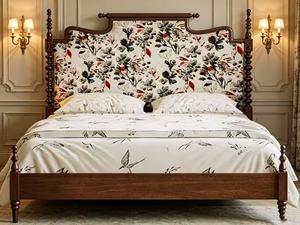 Premium Queen Size Dark Wood Spindle <b>Bed</b> With Floral Fabric Upholstered Headboard For Bedroom - Product Image 5