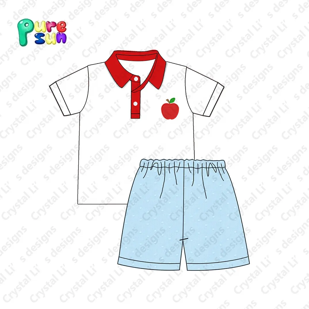 Factory Design Boys Clothing Sets Back to School Theme Kids Polo Shirts with Apple Embroidery