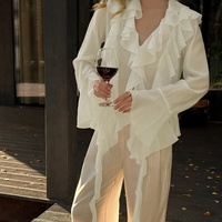 Chemise en mousseline de soie de Style français pour femmes protection solaire à manches longues à volants garniture coupe fluide été décontracté Boho haut Blouse Grande Dame