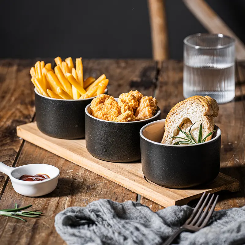 Piatto da soufflé in ceramica con scomparto per ciotola da forno Ramekin sicuro per il forno con vassoio in bambù