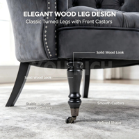 Fauteuil classique capitonné avec pieds en bois massif et roulettes avant, décoration rivetée, chaise d'appoint en velours, mobilier d'attente pour salon
