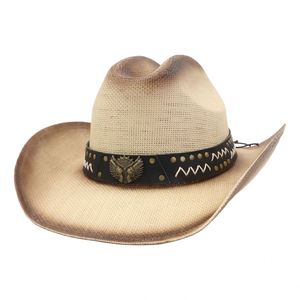 Sombrero de paja N50 estilo casual occidental hecho a mano con ala ancha y cinturón de cuero para pesca al aire libre - Product Image 1