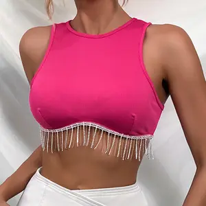 Toptan Wrap püskül korse üst parlak ve parlak Tank Tops beyaz Zip geri yuvarlak boyun Rhinestone Tank Top giyim