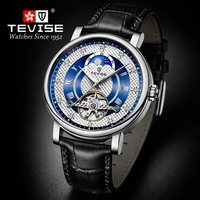 Montre automatique TEVISE 45 mm pour homme, 89 g, légère, squelette, mécanique, phase soleil-lune, bracelet en cuir, marque personnalisée
