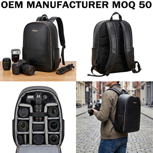 Sac à dos photo en cuir végétalien noir personnalisé, confortable avec dos en maille, pour photographe allemand - Product Image 1