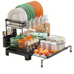 Égouttoir de cuisine extensible à 2 niveaux en acier pour comptoir, pour assiettes, tasses et vaisselle, avec rangement et drainage - Product Image 6