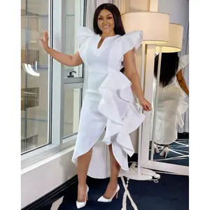 D3047M dernière conception de vêtements de mode femmes grande taille solide blanc robe à volants sexy fente robe de cocktail robe de soirée d'été