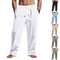Pantalon en lin décontracté pour homme, coupe ample, avec cordon de serrage, teinture unie, droit, confortable et respirant, idéal pour l'été et la plage, tendance