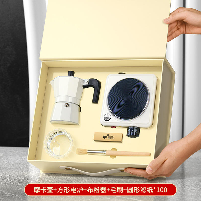 ชุดหม้อโมก้า 5 ชิ้น (พร้อมเตา) กล่องของขวัญ - วาล์วคู่สีขาว