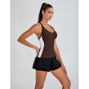 Camiseta deportiva acanalada para mujer FOXA con sujetador incorporado, diseño de bloques de color, espalda cruzada, para yoga, que absorbe el sudor, camisola atlética - Product Image 3